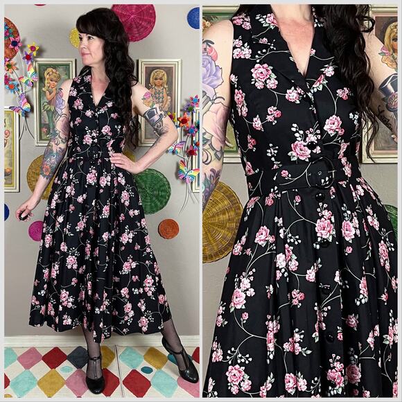 Vintage 1980s Black and Pink Cotton Floral Sleeveless Fit and Flare Midi Dress - Picture 1 of 8